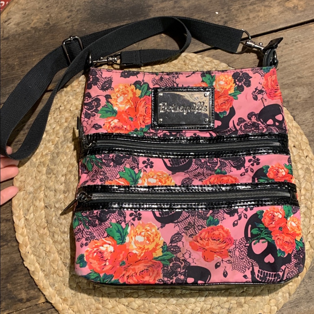 Betsey Johnson Pink Floral Skulls and Roses Crossbody Bag - Picture 10 of 16